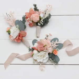  Wedding boutonnieres and wrist corsage  in blush pink white peach color scheme. Flower accessories. 5035