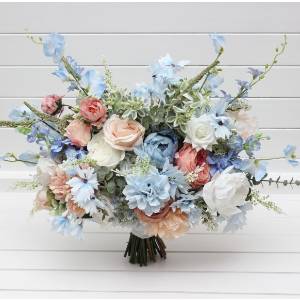 Peach white dusty blue bouquet for summer wedding Wildflowers pastel faux bridal bouquet.  5402