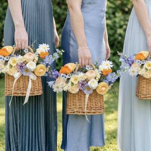 Bridesmaid basket with peach orange dusty blue ivory lilac flowers for farmer or garden wedding. Colorful wildflowers. Daisy poppy alternative bouquet. 5364