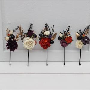  Set of  5  bobby pins in black gold purple ivory rust color scheme. Flower hair pins. Bridesmaid gift.  5014