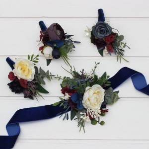  Wedding boutonnieres and wrist corsage  in purple ivory emerald burgundy navy blue color scheme. Flower accessories. 5407