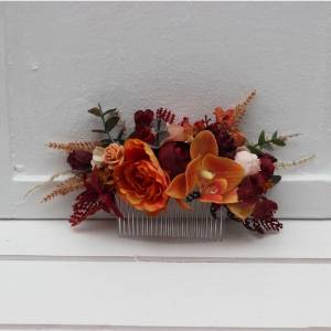 Flower comb in burnt orange red burgundy  color scheme. Wedding accessories for hair. Bridal flower comb. 5103