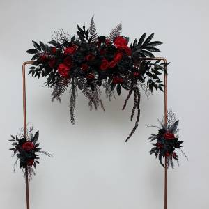  Flower arch arrangement in black and red colors.  Arbor flowers. Floral archway. Faux flowers for wedding arch. Halloween wedding. 5041