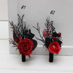  Wedding boutonnieres and wrist corsage  in black and red color scheme. Flower accessories. Halloween wedding. 5041