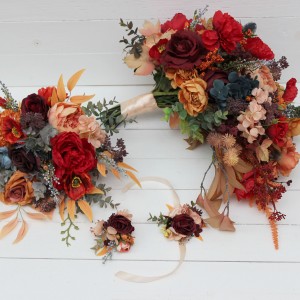 Cascading bouquet. Fall wedding bouquet. Rust orange red blue bridal bouquet. Faux bouquet. Wedding flowers. Boho wedding bouquet. 5042