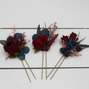  Set of  3  hair pins in burgundy navy blue color scheme. Hair accessories. Flower accessories for wedding.  5047