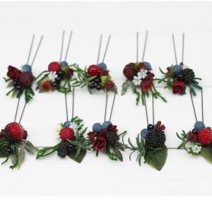  Set of 10 hair pins with berries for forest wedding. Summer hair accessories. Flower accessories for wedding.  5050
