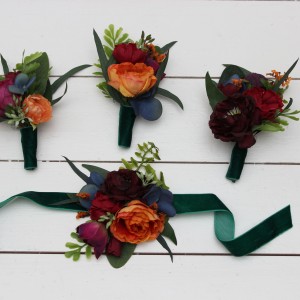  Wedding boutonnieres and wrist corsage  in emerald green orange purple color scheme. Flower accessories. 5052