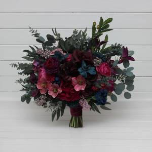Jewel-tone wedding. Emerald green purple magenta teal flowers. Wedding flowers .Bridal bouquet.  Faux bouquet. Bridesmaid bouquet. 5055