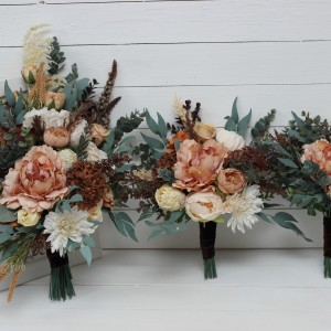 Wedding bouquets in orange rust cinnamon peach colors. Bridal bouquet. Faux bouquet. Bridesmaid bouquet. 5058