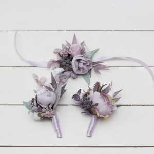  Wedding boutonnieres and wrist corsage  in lilac white color scheme. Flower accessories. 5059