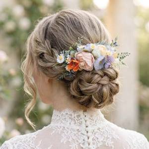 Flower comb in peach dusty blue ivory orange color scheme. Wedding accessories for hair. Colorful bridal flower comb. Wildflowers floral comb. 5364