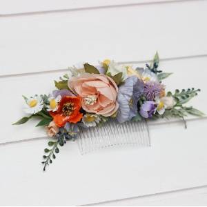 Flower comb in peach dusty blue ivory orange color scheme. Wedding accessories for hair. Colorful bridal flower comb. Wildflowers floral comb. 5364