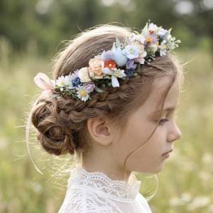 Wildflowers flower crown Colorful flower crown Flower girl crown Peach orange dusty blue ivory lilac flowers. 5364