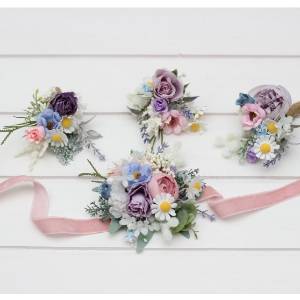  Wedding boutonnieres and wrist corsage  in lilac ivory blush pink color scheme. Flower accessories. 5248