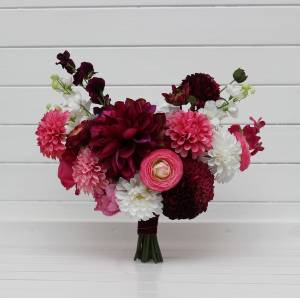 Colorful bridal bouquet. White magenta pink flowers for summer wedding. Dahlia bouquet. 5386