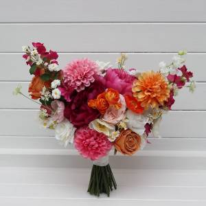 Orange magenta pink white bridal and bridesmaid bouquets. Wildflowers wedding bouquets. Faux dahlia daisy bouquet. 5400