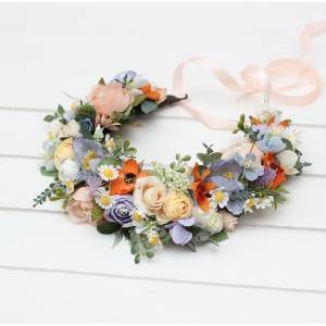 Peach orange dusty blue ivory lilac flower crown. Wildflowers hair wreath. Spring summer boho wedding. Colorful floral crown. 5364