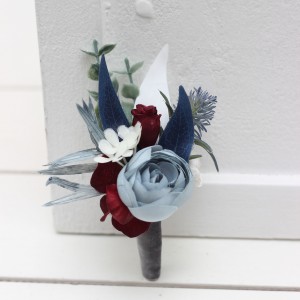  Wedding boutonnieres and wrist corsage  in dusty blue navy blue burgundy white color scheme. Flower accessories. 5063