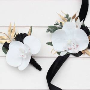  Wedding boutonnieres and wrist corsage  in black gold white color scheme. Flower accessories. 5065