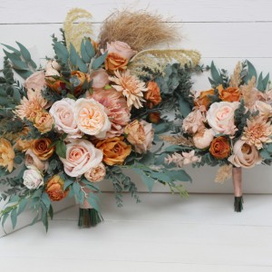 Wedding bouquets in orange blush pink colors. Bridal bouquet.  Faux bouquet. Bridesmaid bouquet. 5071