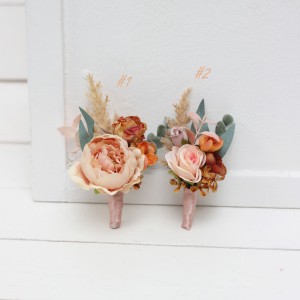  Wedding boutonnieres and wrist corsage  in orange blush pink color scheme. Flower accessories. 5071