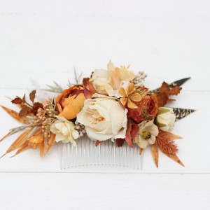 Flower comb in rust ivory color scheme. Wedding accessories for hair. Bridal flower comb. Bridesmaid floral comb. 5072