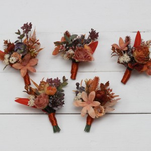  Wedding boutonnieres and wrist corsage  in rust orange purple color scheme. Flower accessories. 5073