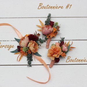  Wedding boutonnieres and wrist corsage  in coral burgundy peach color scheme. Flower accessories. 5079
