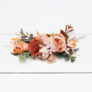 Flower comb in terracotta peach pink color scheme. Wedding accessories for hair. Bridal flower comb. Bridesmaid floral comb. 5079-1