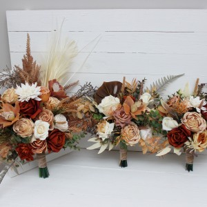 Wedding bouquets in orange ivory rust terracotta colors. Bridal bouquet. Faux bouquet. Bridesmaid bouquet. 0036
