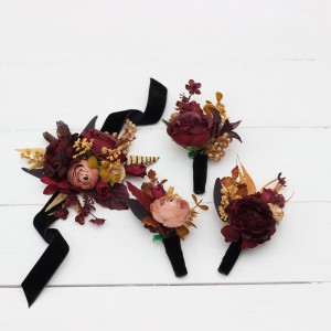  Wedding boutonnieres and wrist corsage  in purple burgundy beige color scheme. Flower accessories. 5096