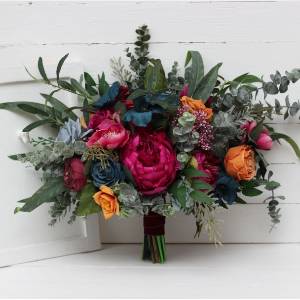 Jewel-tone wedding. Emerald green orange magenta teal flowers. Bridal bouquet. Faux bouquet. Bridesmaid bouquet. Wedding flowers. 5187