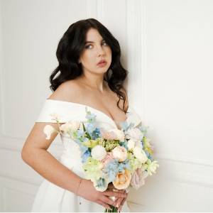 Colorful bridal bouquet for spring-summer wedding in green yellow pink dusty blue color scheme. Wildflowers bouquet . Faux flowers. Wedding bouquet. 5369