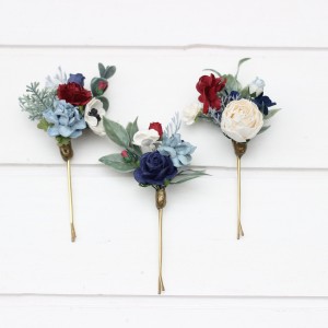  Set of  3 bobby pins in dusty blue navy blue white and burgundy color scheme. Flower hair pins. Hair accessories. Flower accessories for wedding.  Bridesmaid gift.  5063
