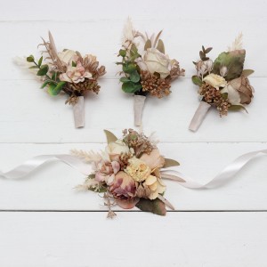  Wedding boutonnieres and wrist corsage  in dusty rose cinnamon ivory color scheme. Flower accessories. 5098