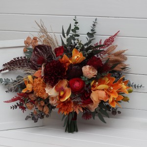 Wedding bouquets in burnt orange red burgundy colors. Bridal bouquet. Cascading bouquet. Faux bouquet. Bridesmaid bouquet. 5103