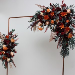  Flower arch arrangement in burnt orange red burgundy colors.  Arbor flowers. Floral archway. Faux flowers for wedding arch. 5103