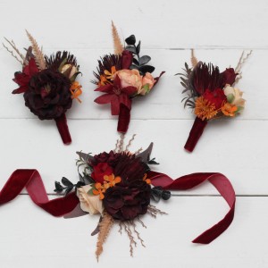 Wedding boutonnieres and wrist corsage  in burnt orange red burgundy  color scheme. Flower accessories. 5103