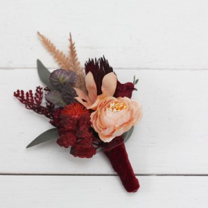  Wedding boutonnieres and wrist corsage  in burnt orange red burgundy  color scheme. Flower accessories. 5103-1