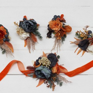  Wedding boutonnieres and wrist corsage  in burnt orange ivory navy blue color scheme. Flower accessories. 5111