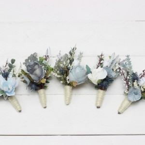  Wedding boutonnieres and wrist corsage  in dusty blue white color scheme. Flower accessories. 5116