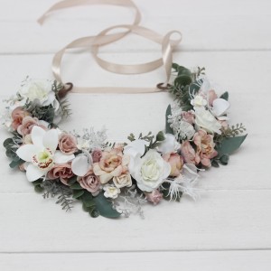 White beige flower crown. Hair wreath. Flower girl crown. Wedding flowers. 5119-0023