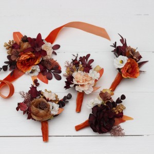  Wedding boutonnieres and wrist corsage  in rust burgundy white color scheme. Flower accessories. 5124