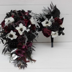 Cascading bouquet. Deep purple black silver white anemone flowers. Fall bridal bouquet. Faux bouquet. Halloween wedding.Gothic black wedding bouquet. 5125