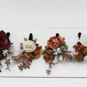  Wedding boutonnieres and wrist corsage  in white rust terracotta  color scheme. Flower accessories. 5129