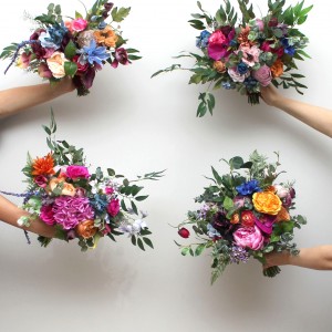 Jewel-tone wedding. Emerald green orange pink magenta flowers. Bridal bouquet. Faux bouquet. Boho wedding. Wedding flowers. Fuchsia bouquet . 5133