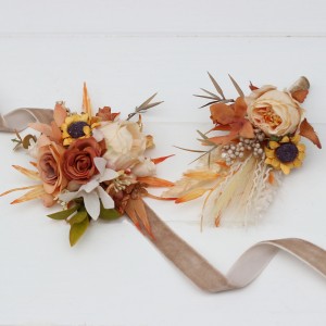  Wedding boutonnieres and wrist corsage  in orange rust beige color scheme. Flower accessories.5134