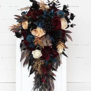 Wedding bouquets in dark teal burgundy black cream colors. Bridal bouquet. Cascading bouquet. Faux bouquet. Bridesmaid bouquet.Gothic black wedding bouquet. 5136