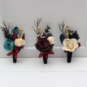  Wedding boutonnieres and wrist corsage  in dark teal burgundy black cream color scheme. Flower accessories. 5136